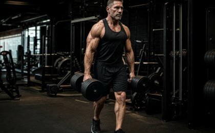 Uomo 40+ esegue il farmer's walk con manubri pesanti per allenare gli esercizi per gli avambracci e la forza di presa