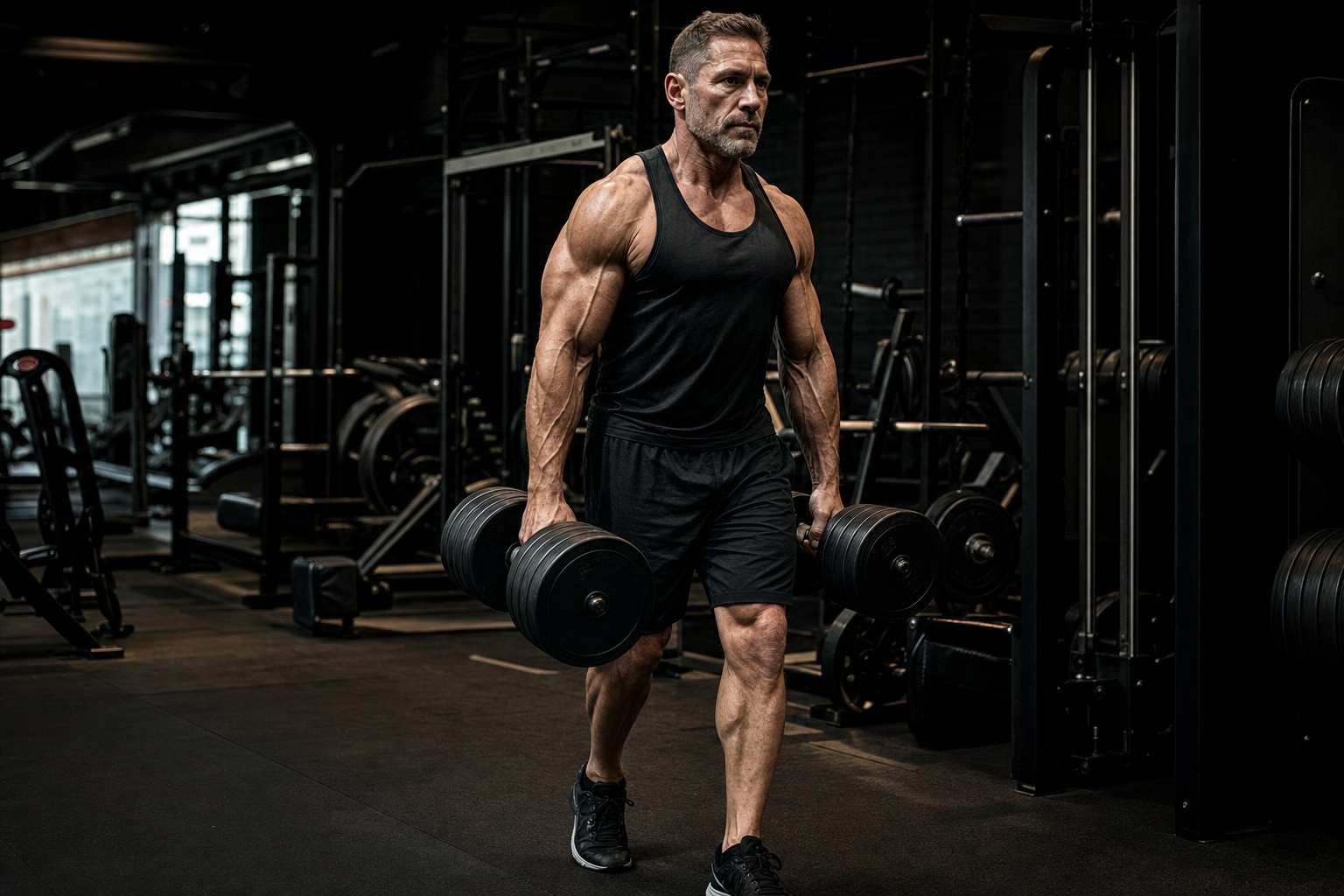 Uomo 40+ esegue il farmer's walk con manubri pesanti per allenare gli esercizi per gli avambracci e la forza di presa