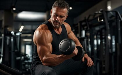 Uomo over 40 che allena i bicipiti in palestra
