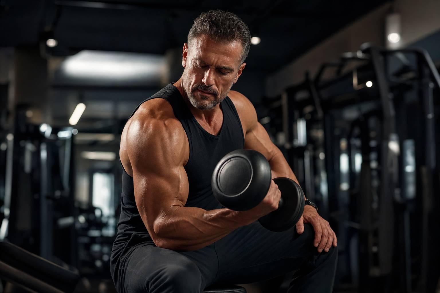 Uomo over 40 che allena i bicipiti in palestra