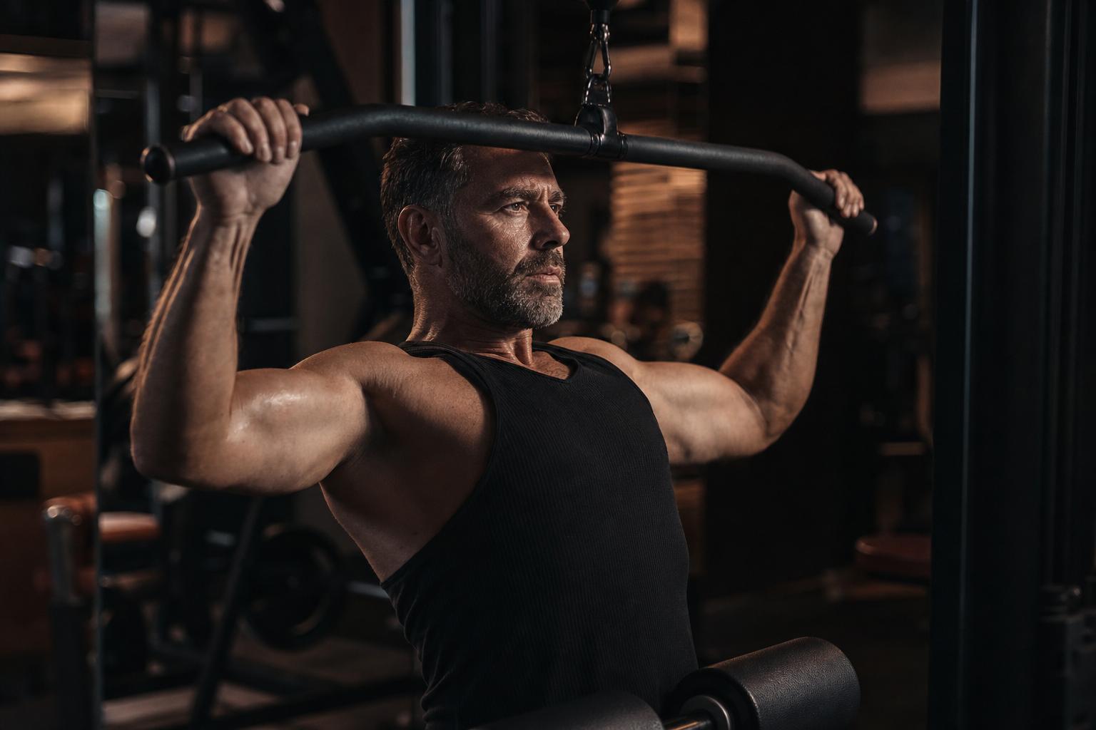 Uomo over 40 che allena i dorsali in palestra