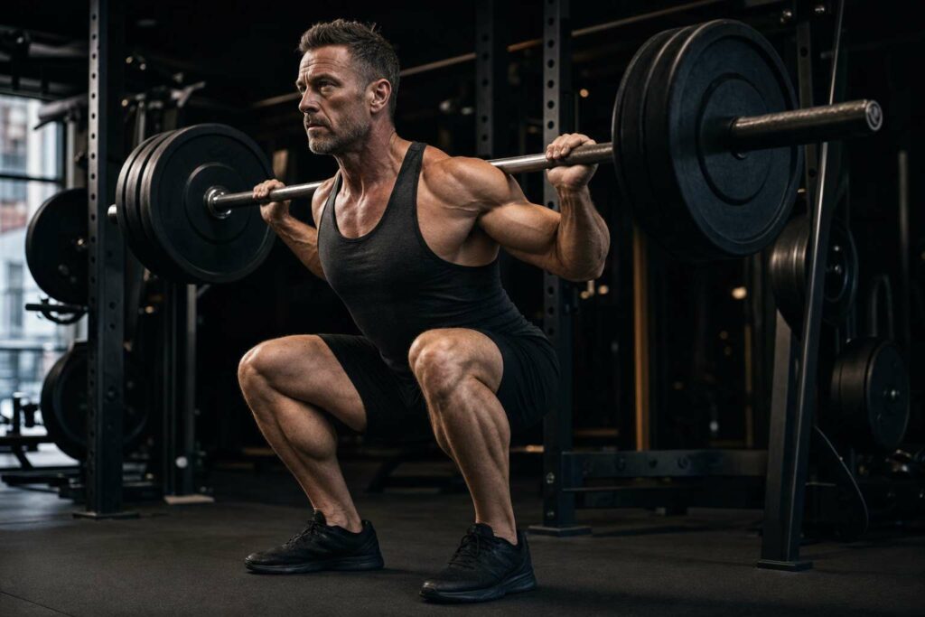 Uomo over 40 che allena le gambe con lo squat