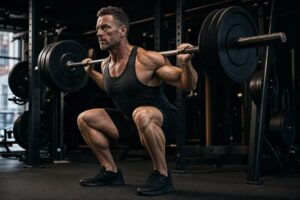 Uomo over 40 che allena le gambe con lo squat