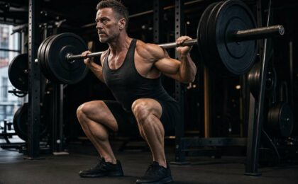 Uomo over 40 che allena le gambe con lo squat