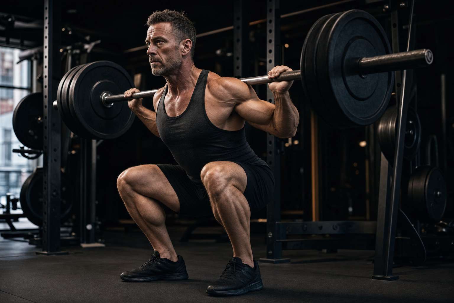 Uomo over 40 che allena le gambe con lo squat