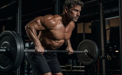Uomo over 40 che allena la schiena con il bilanciere
