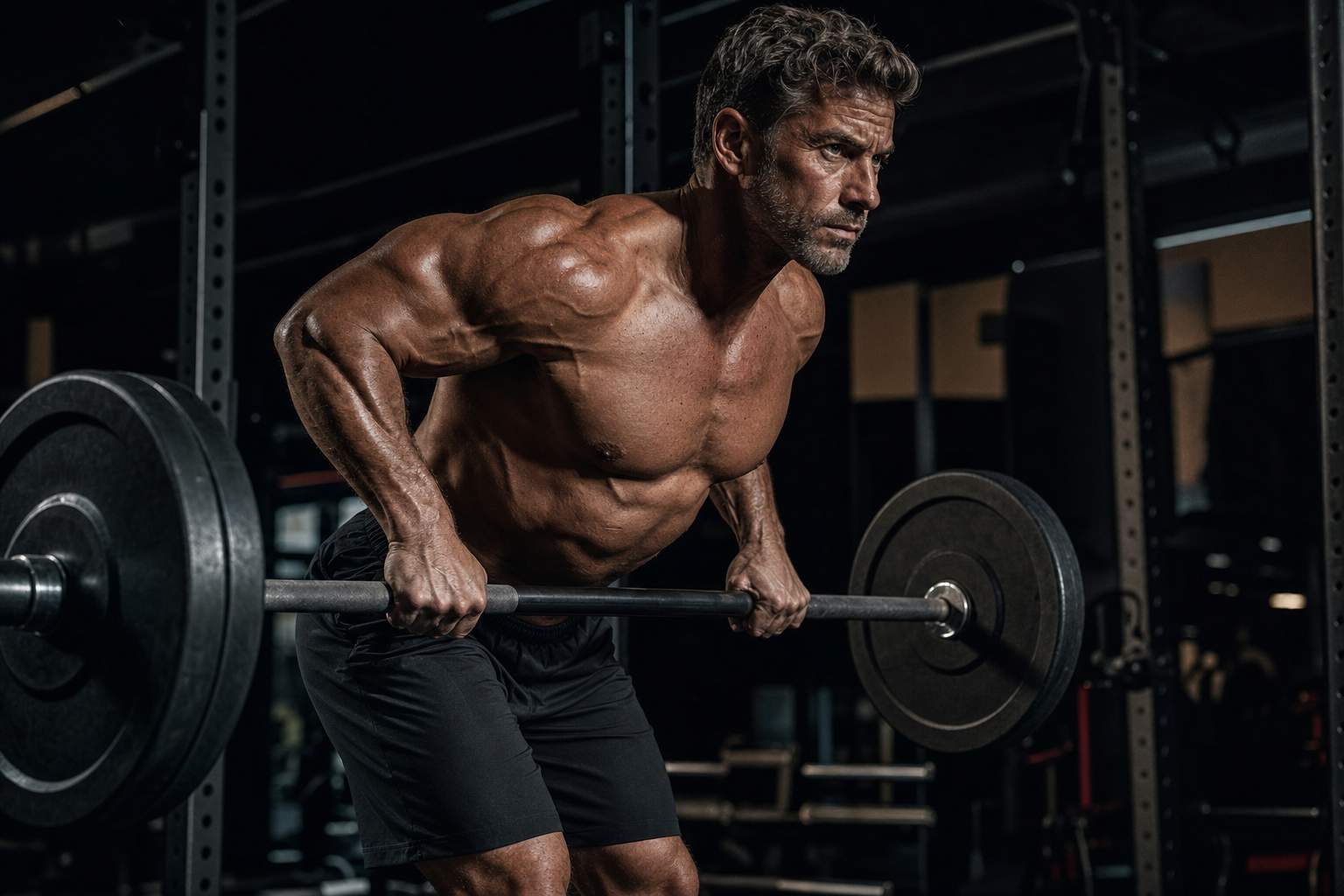Uomo over 40 che allena la schiena con il bilanciere