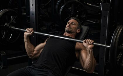 Uomo over 40 che allena il petto con la panca piana