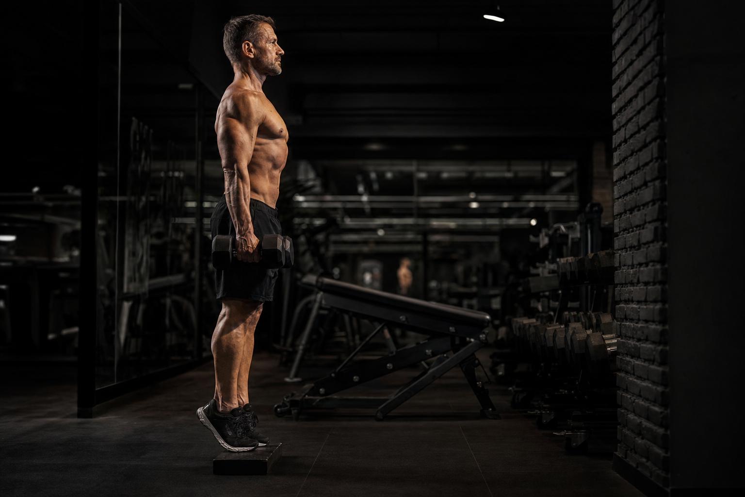 Uomo over 40 che allena i polpacci in palestra