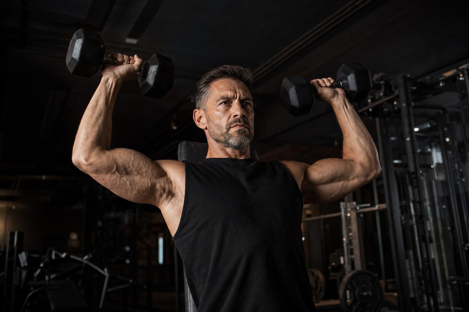 Uomo over 40 che allena le spalle in palestra