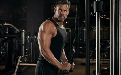 Uomo over 40 che allena i tricipiti in palestra
