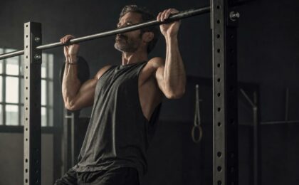 Uomo over 40 che esegue trazioni alla sbarra